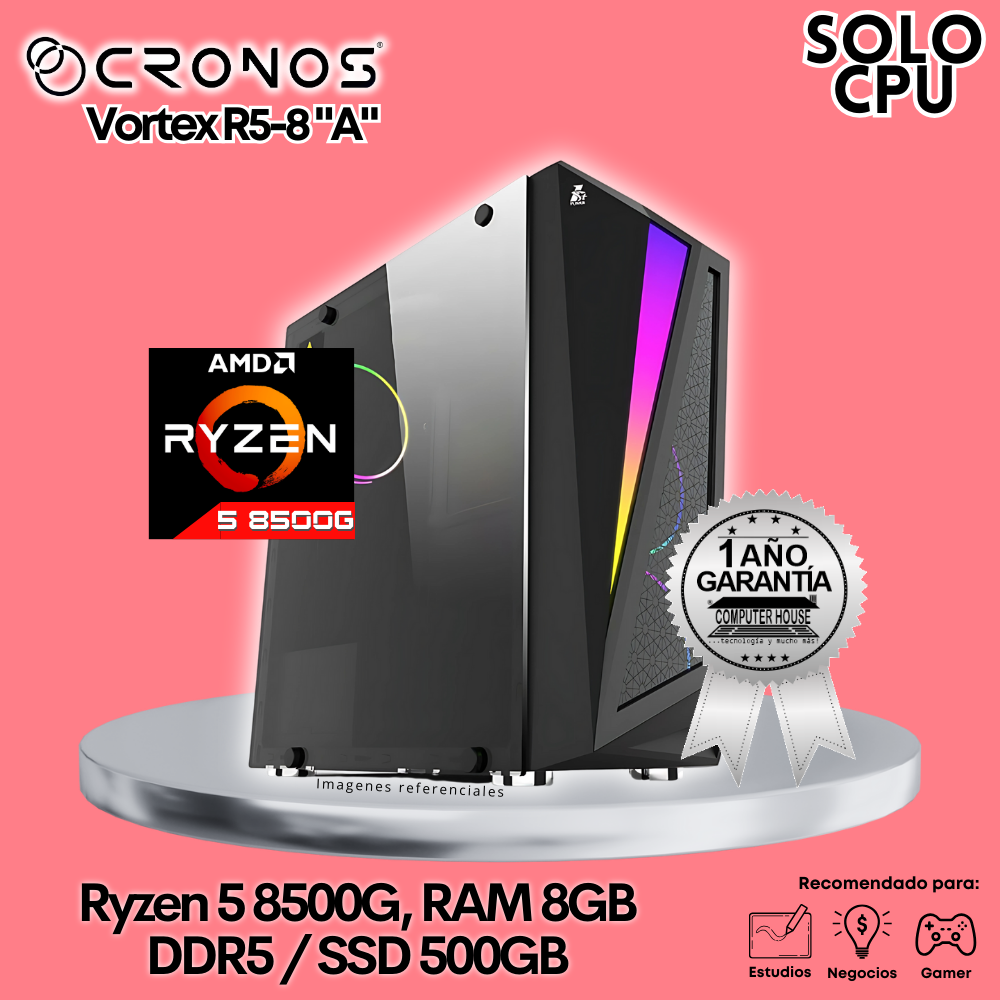 Solo CPU: Look Gamer CRONOS Vortex R5-8 "A", RAM 8GB DDR5, SSD 500GB.