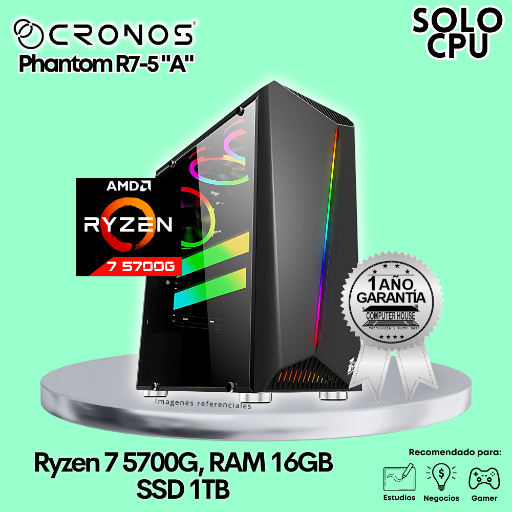 Solo CPU: Look Gamer CRONOS Phantom R7-5, RAM 16GB, SSD 1TB.