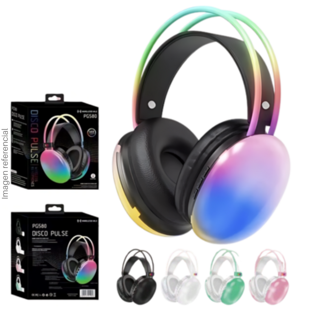 PG580 Wireless Headphones with RGB Lights, Bluetooth, Microphone - Colors