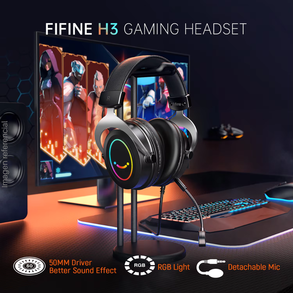 FIFINE H3 RGB Wired Stereo Headset with Detachable Microphone, 3.5mm Jack - Black