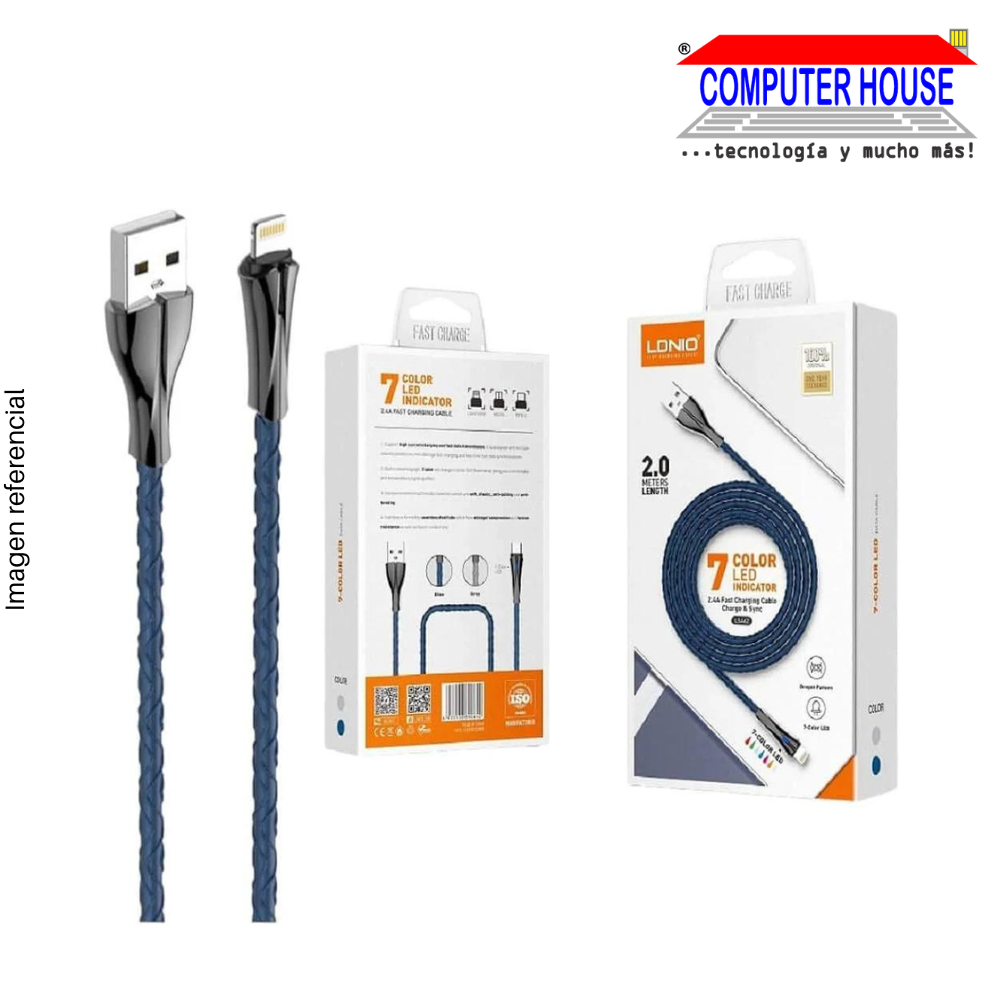 LDNIO Cable | 7-Color LED Indicator | 2.4A | Lightning Type 2m Blue (LS462)