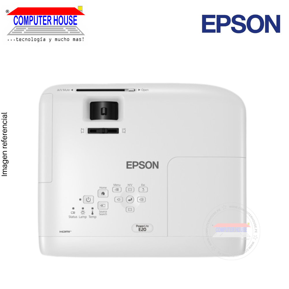 EPSON PowerLite E20 Projector, 3400 Lumens, 1024x768, HDMI, 3LCD, 5W Speaker.