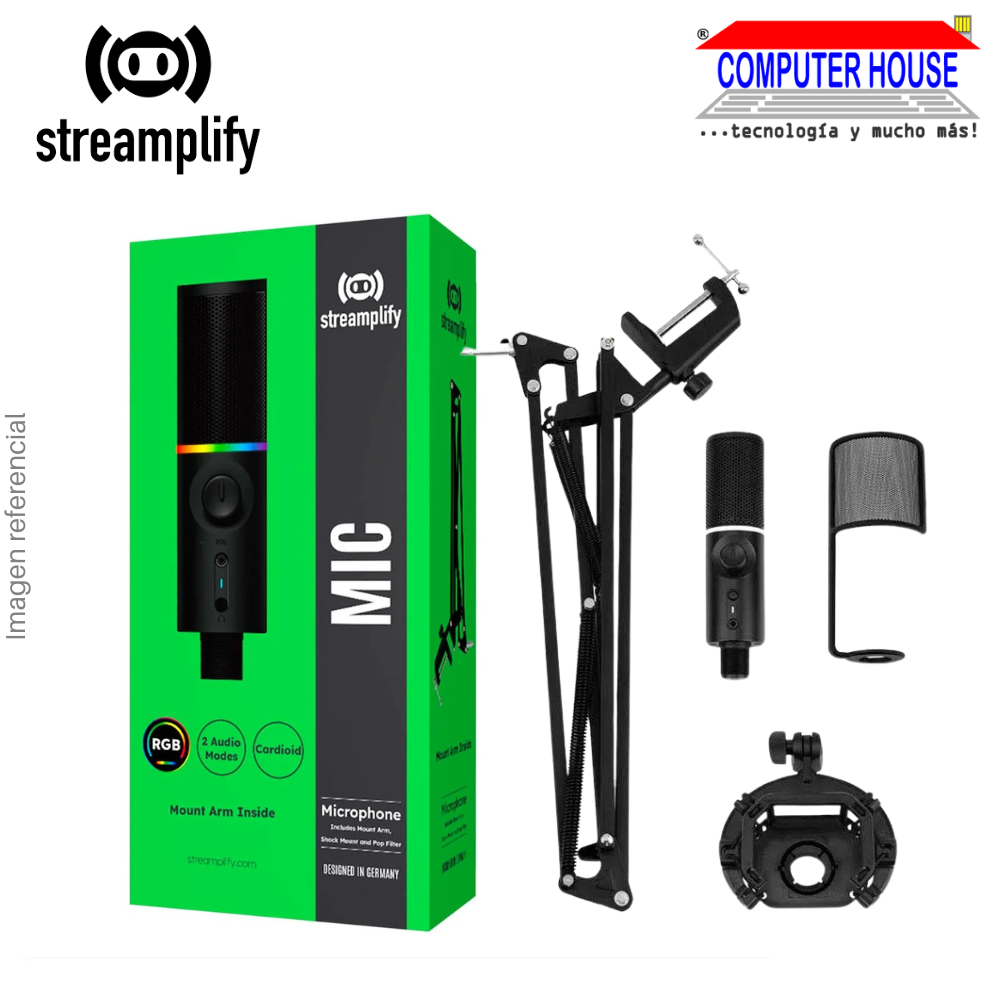Micrófono STREAMPLIFY con soporte de brazo RGB MIC-48-RGB-MA-BK