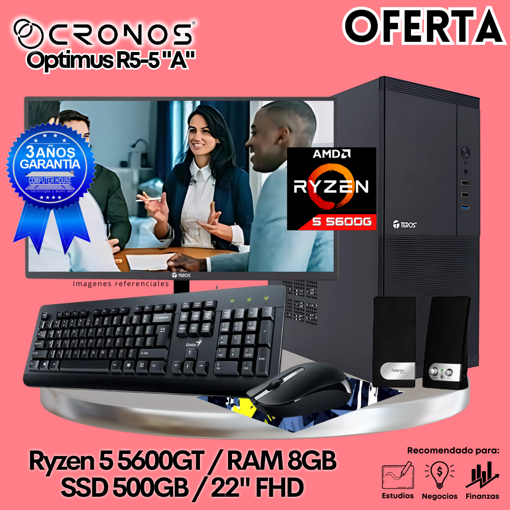 OFERTA: PC CRONOS Optimus R5-5600G, RAM 8GB, SSD 500GB, Monitor 22" FHD, Kit Teclado + Mouse, Parlantes o Audífonos.