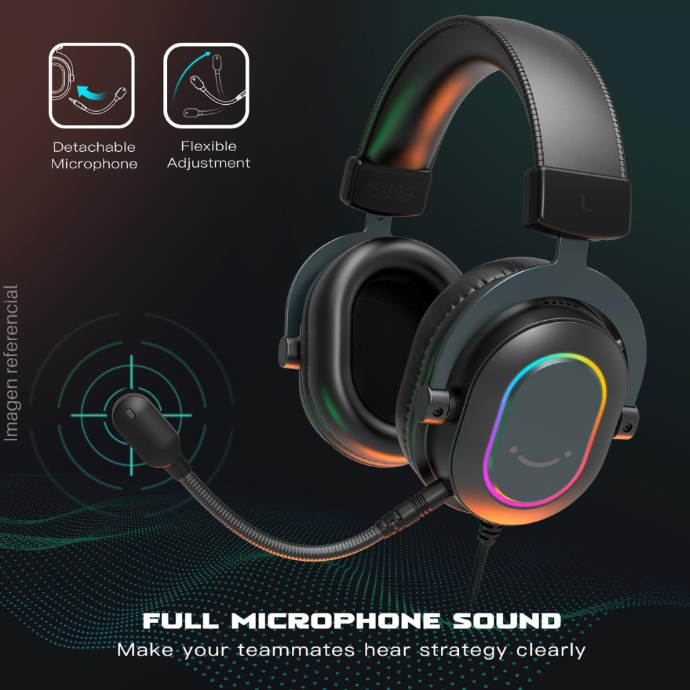 Audífono con micrófono FIFINE H6 RGB, alámbrico, sonido 7.1, con micrófono desmontable, Conexión USB - Negro
