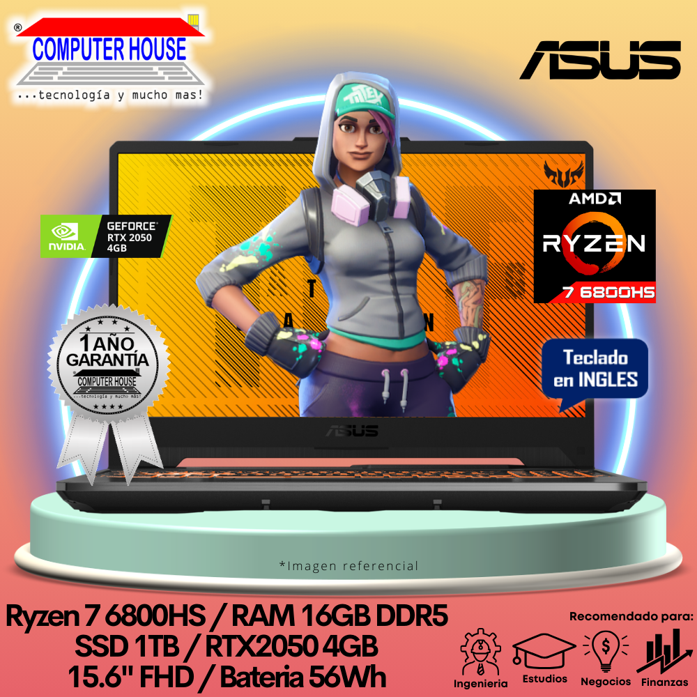 Laptop ASUS TUF FA507RF, Ryzen 7-76800HS, RAM 8GB DDR5, SSD 512GB, 15.6" IPS, Video RTX 2050 4GB, Teclado iluminado, Batería 56Wh, FreeDos.