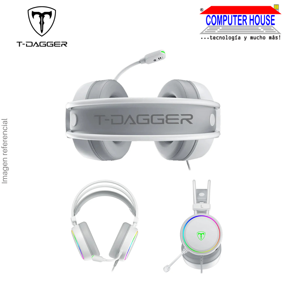 Audífono con micrófono T-DAGGER SONA T-RGH304W, alámbrico, sonido 7.1, con micrófono, conexión USB, RGB - Blanco
