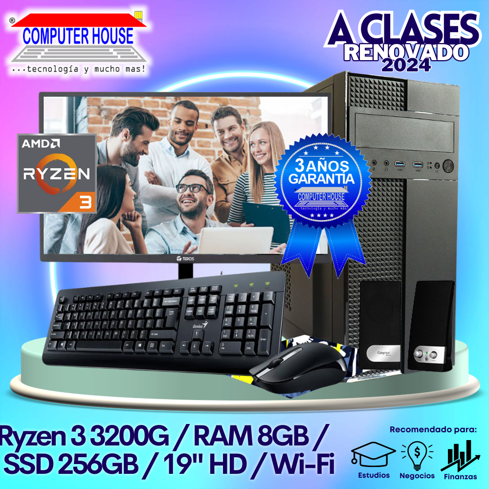 OFERTA TRABAJO & ESTUDIOS: Ryzen 3-3200G, RAM 8GB, SSD 256GB, Wi-Fi, Monitor 19″ HD, Teclado + Mouse + Parlantes.