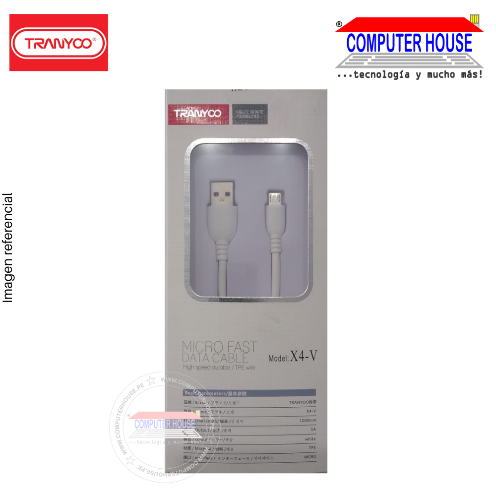 TRANYCO X4-V Micro-USB to USB-A Cable, 5A, 1.5 meters.