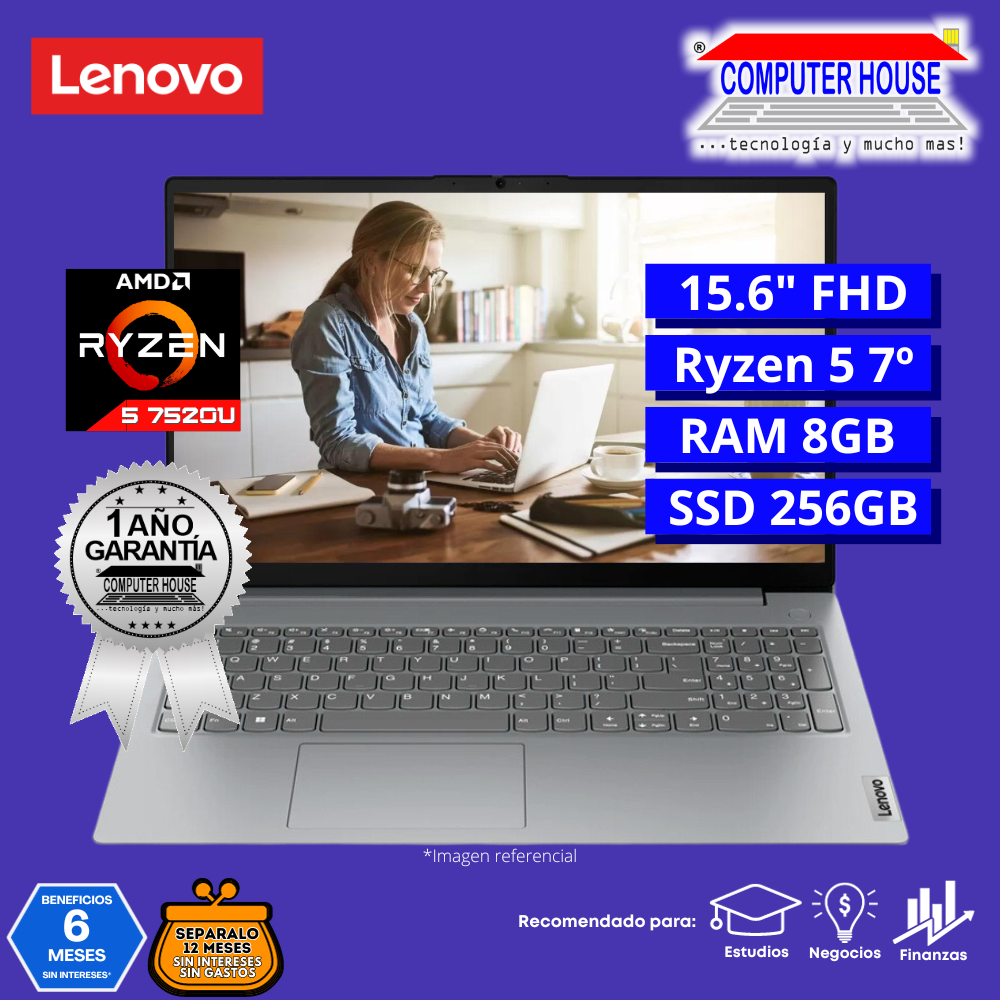 Laptop LENOVO V15 G4 AMN, Ryzen 5-7520U, RAM 8GB DDR5, SSD 256GB, 15.6″ FHD, FreeDos.
