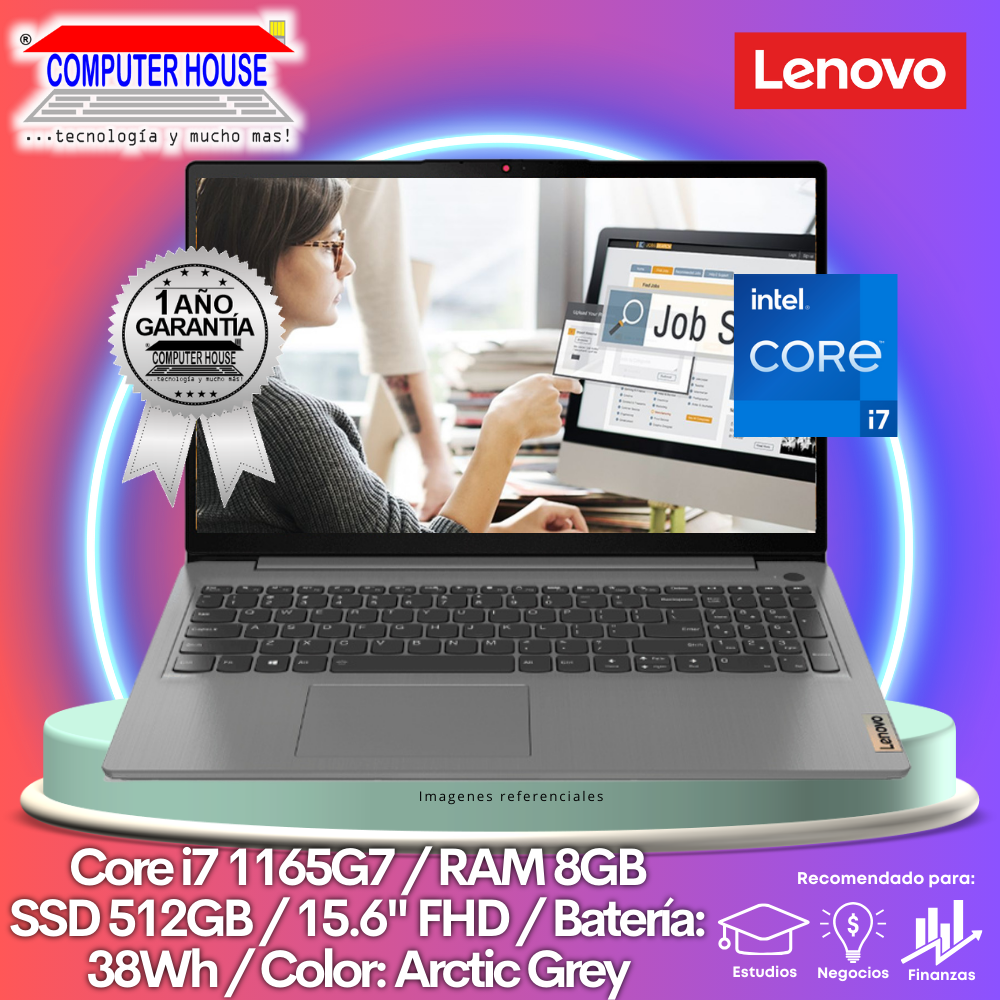 Laptop LENOVO IdeaPad 3, Core i7-1165G7, RAM 8GB, SSD 512GB, 15.6″ FHD, FreeDos, Color: Arctic Grey.