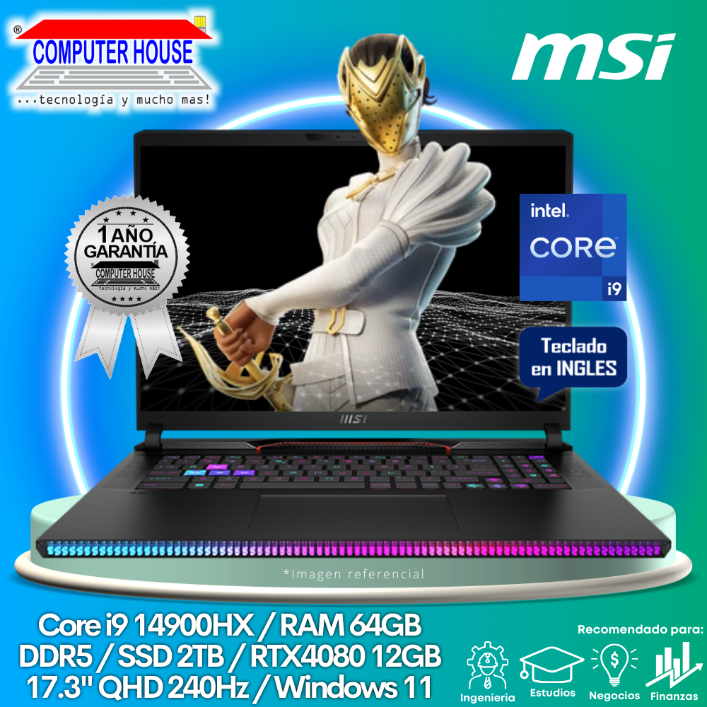 Laptop MSI Raider GE78HX, Core i9-14900HX, RAM 64GB, SSD 2TB, Video RTX4080 12GB, 17″ QHD 240Hz, Teclado en Inglés, Windows 11.
