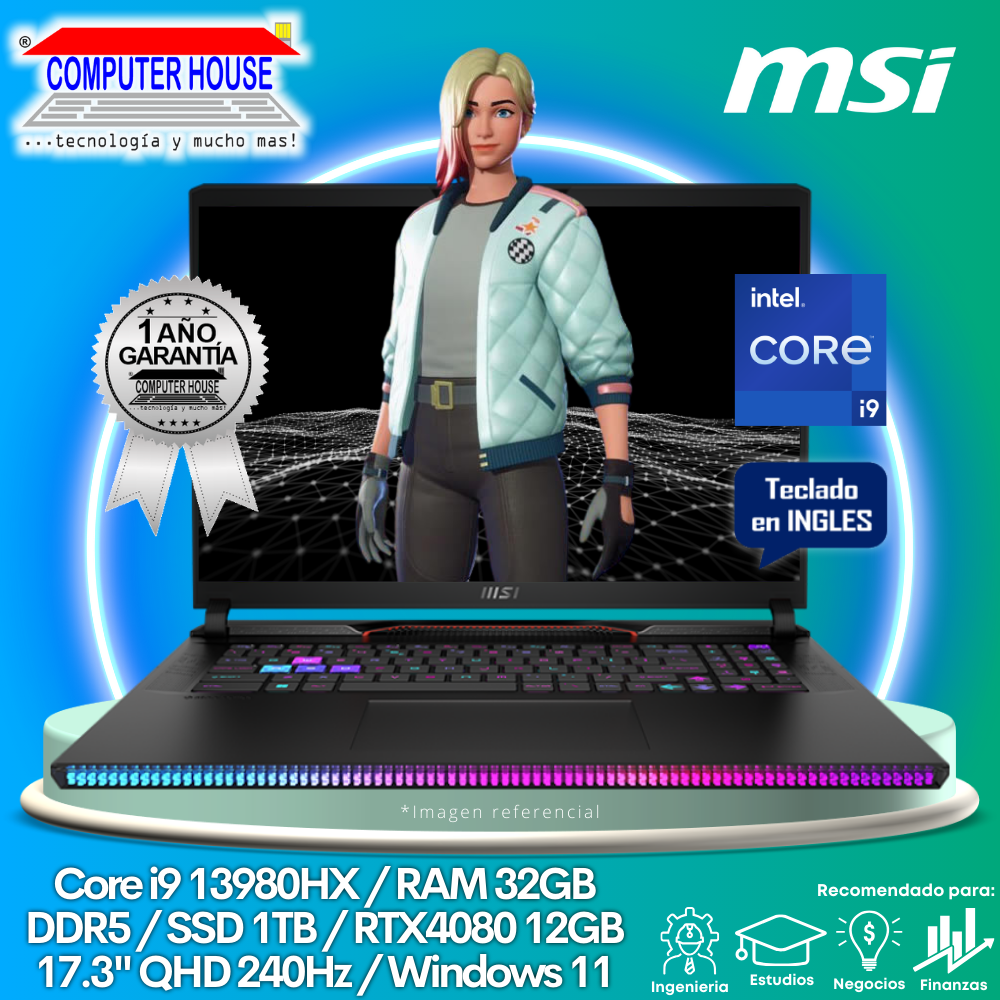 Laptop MSI Raider GE78HX, Core i9-13980HX, RAM 32GB, SSD 1TB, Video RTX4080 12GB, 17.3″ QHD 240Hz, Teclado en Inglés, Windows 11.