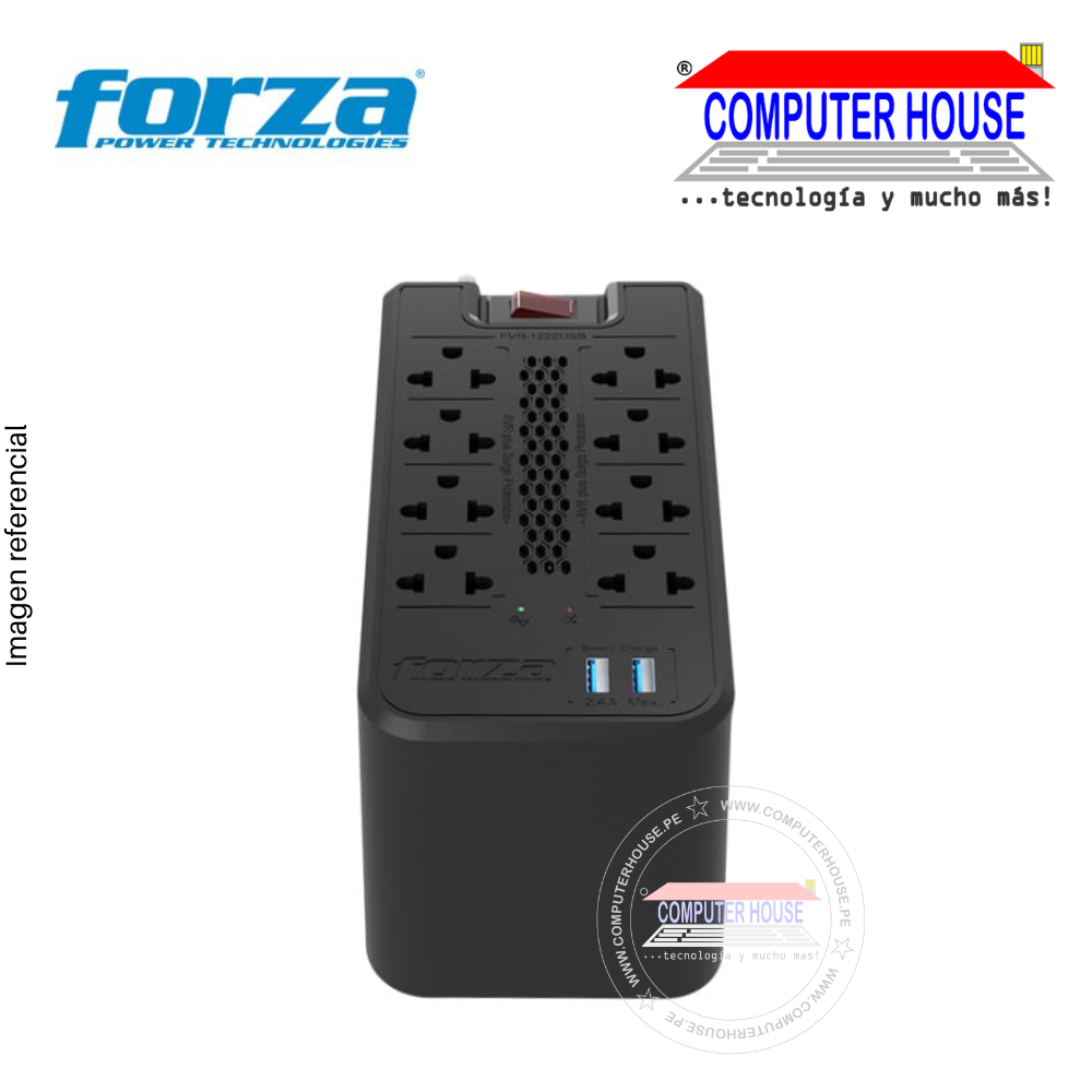 Estabilizador FORZA FVR-1222USB, 1200VA 600W , 8 tomas + 2 USB, Black.