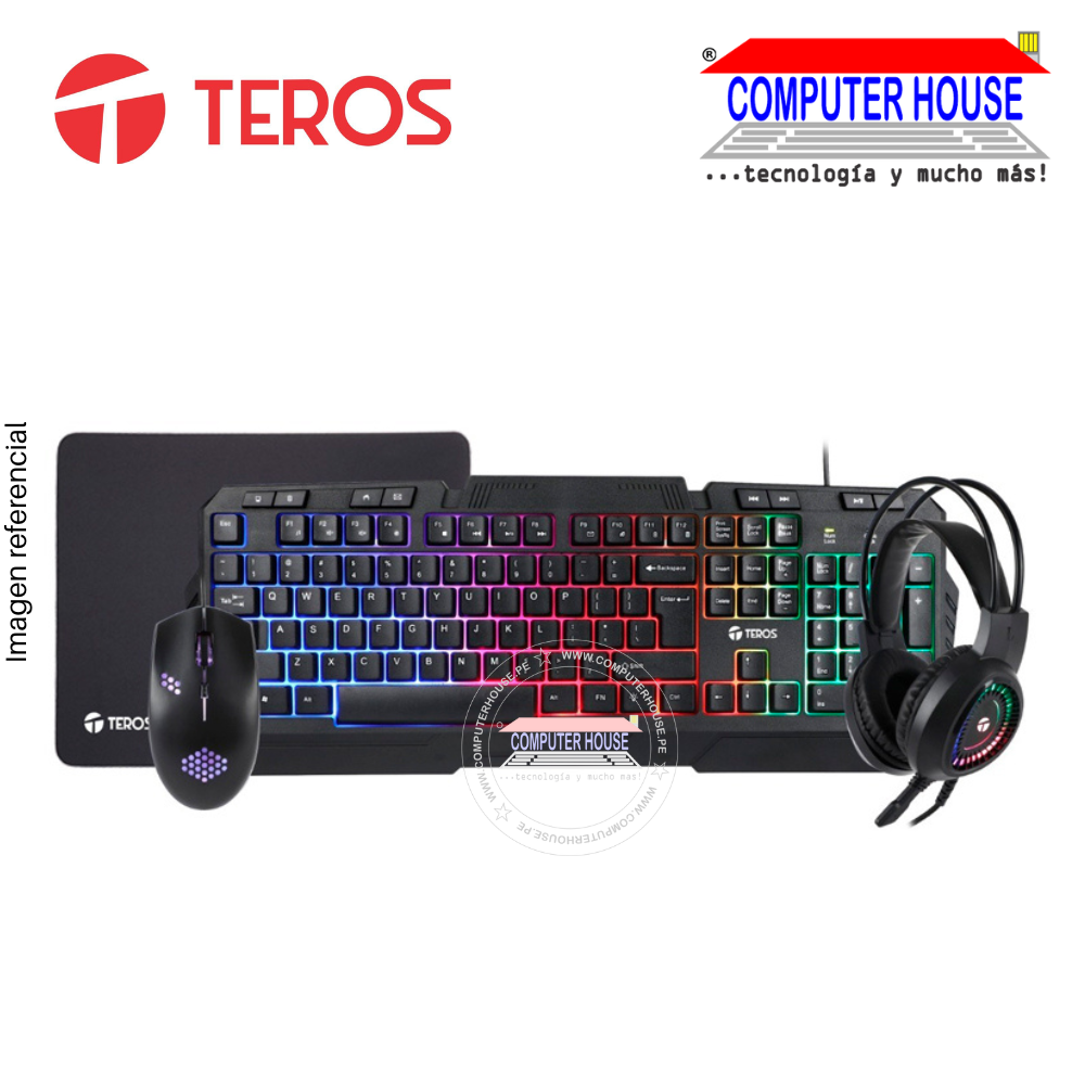 TEROS Kit alámbrico teclado mouse audífono pad TE-4060N conexión USB.