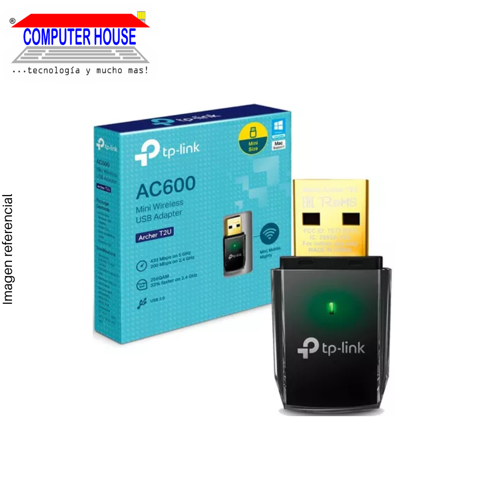 TP-LINK Archer T2U WiFi Adapter, AC600, Dual Band 2.4GHz (up to 150Mbps) and 5GHz (up to 433Mbps), USB-A.