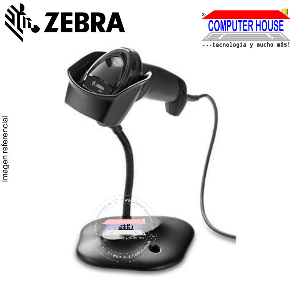 Lector de Código de Barra alámbrico ZEBRA DS2208 Laser 1D y 2D, incluye base y cable USB (DS2208-SR7U2100SGW)