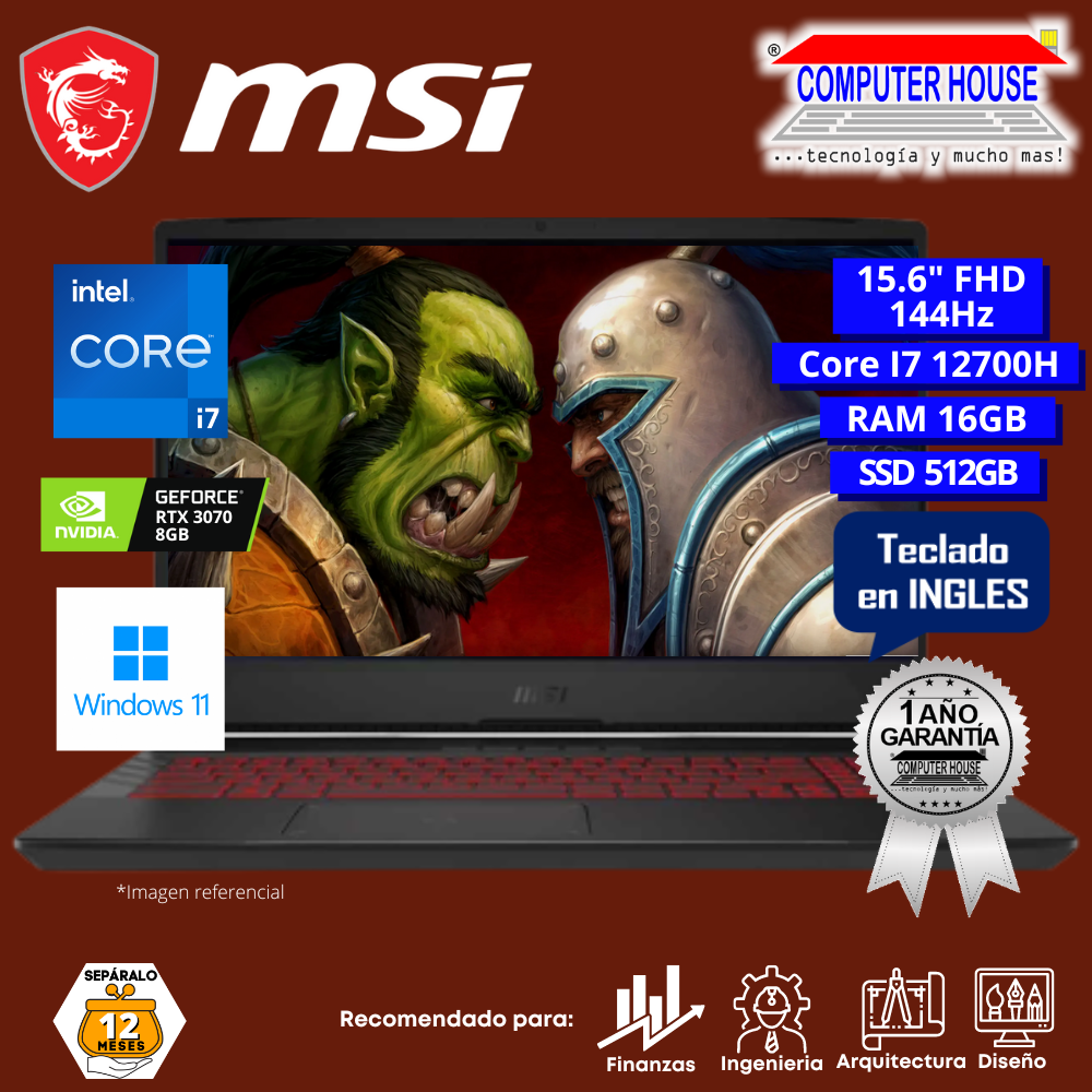 Laptop MSI Pulse GL66, Core i7-12700H, RAM 16GB, SSD 512GB , Video RTX3070 8GB, 15.6″ FHD 144Hz, Teclado en Inglés, Windows 11.