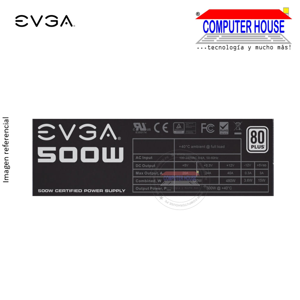 Fuente de poder EVGA, 500W, Certificación 80+ White.