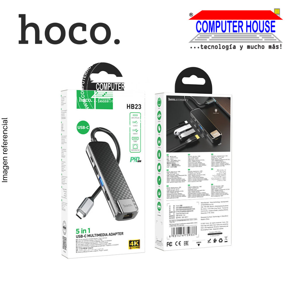 Adaptador Multimedia HOCO  Tipo C a HDMI(1), puerto ethernet RJ45(1), USB Tipo C(1), USB 2.0(1), USB 3.0(1), Hub USB (HB23)