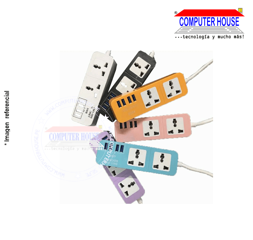 Supresor de picos 4 Puertos USB + 2 tomas de corriente 5V 4A Colores cable 1mt.