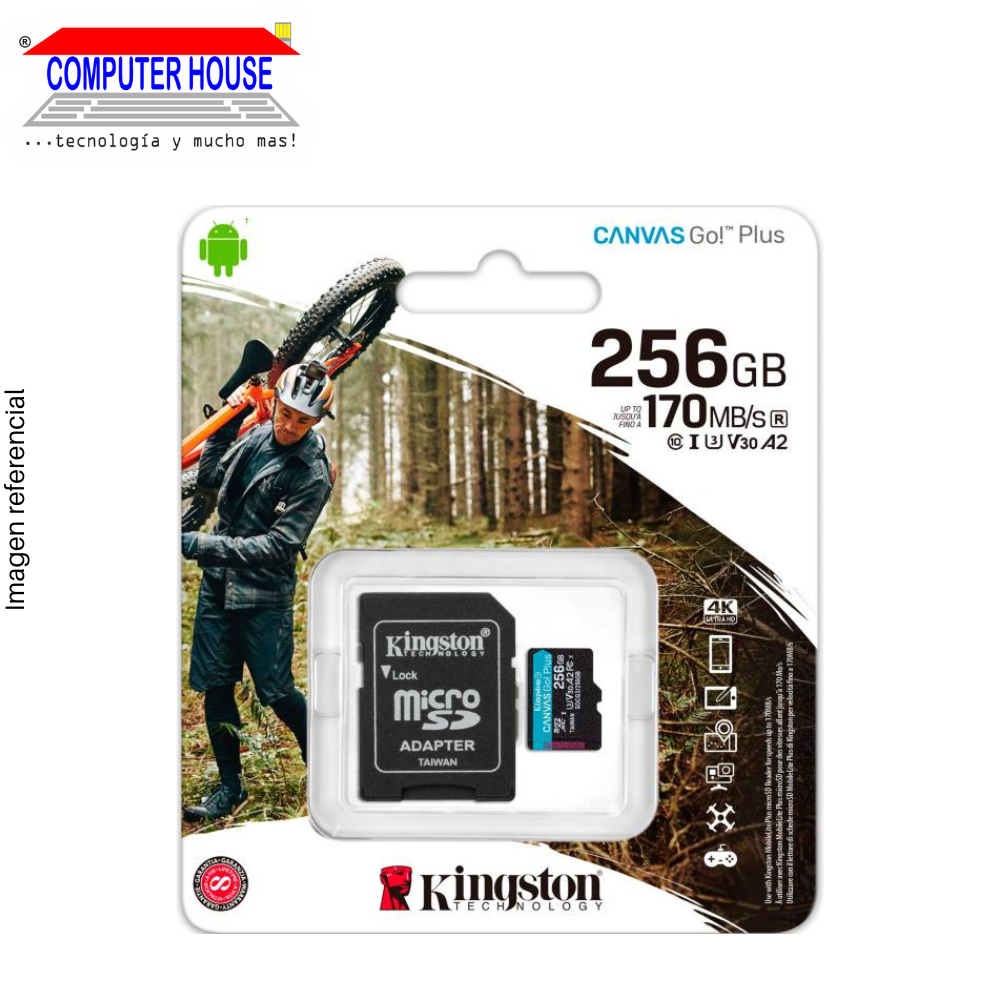 Memoria MicroSD KINGSTON 256GB, Canvas Go Plus, con adaptador SD, 170Mb/s.