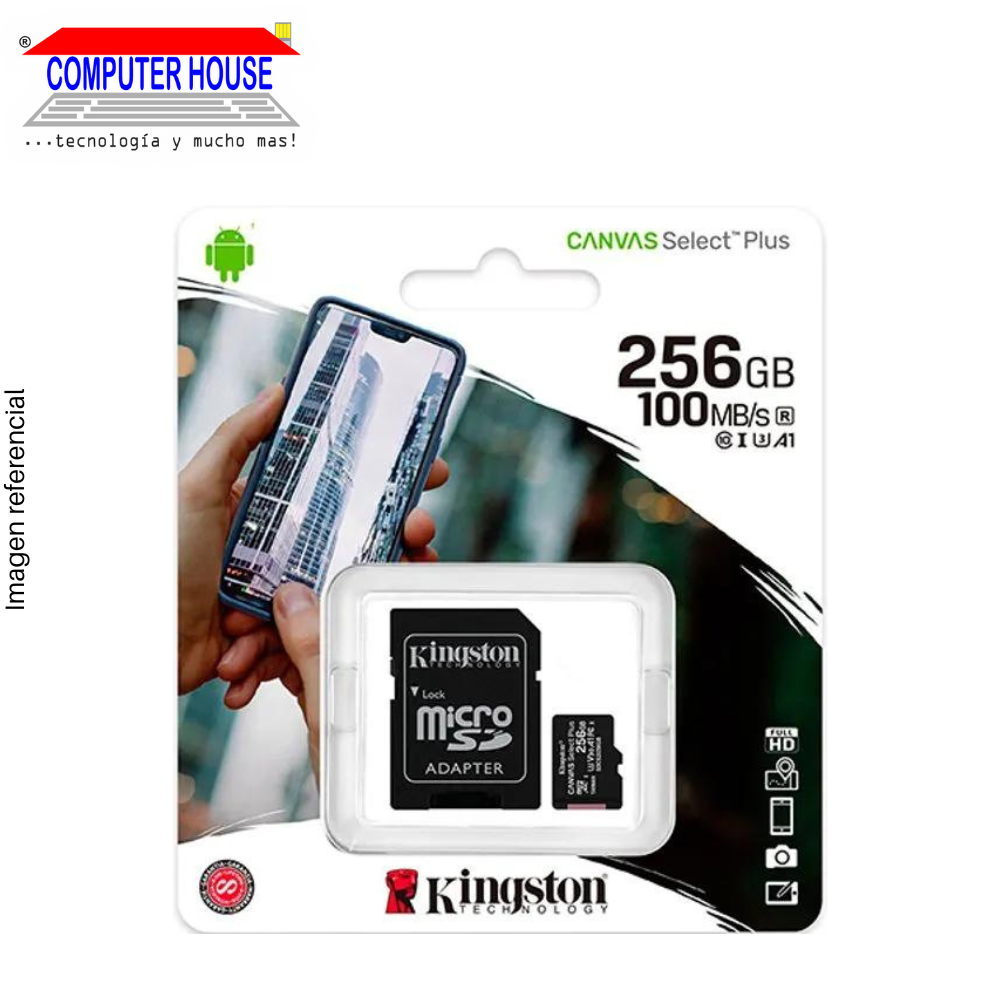 KINGSTON 256GB MicroSD memory, Canvas Select Plus, with SD adapter, 100Mb/s.