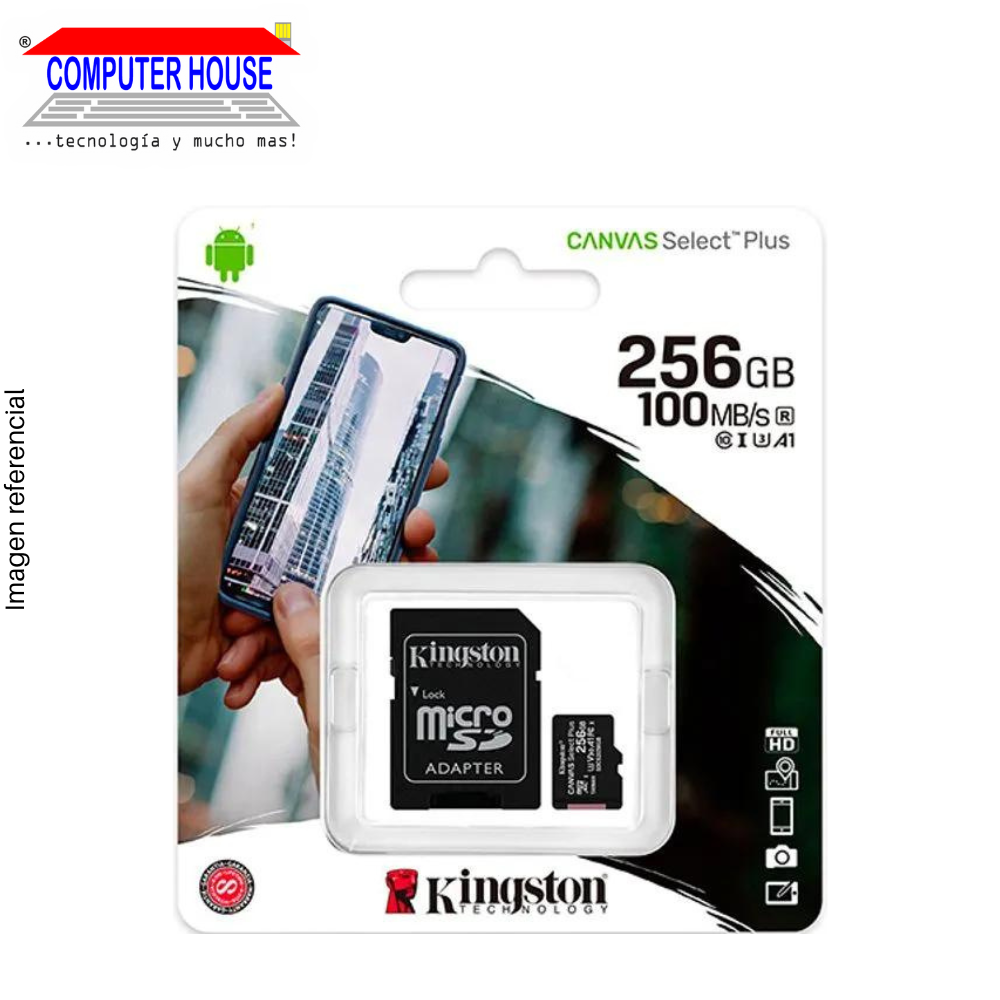 Memoria MicroSD KINGSTON 256GB, Canvas Select Plus, con adaptador SD, 100Mb/s.