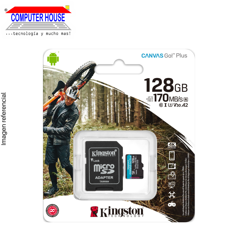 Memoria MicroSD KINGSTON 128GB, Canvas Go Plus, con adaptador SD, 170Mb/s.