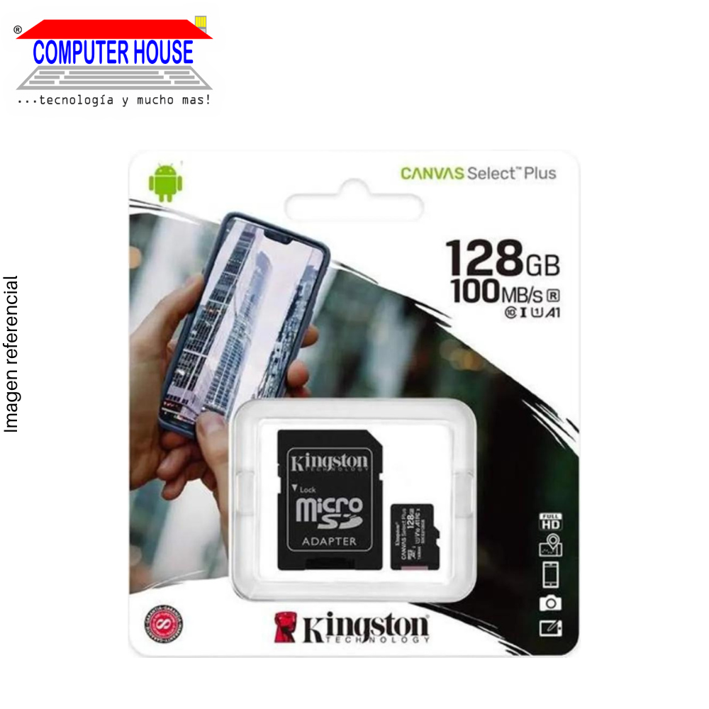 KINGSTON 128GB MicroSD memory, Canvas Select Plus, with SD adapter, 100Mb/s.