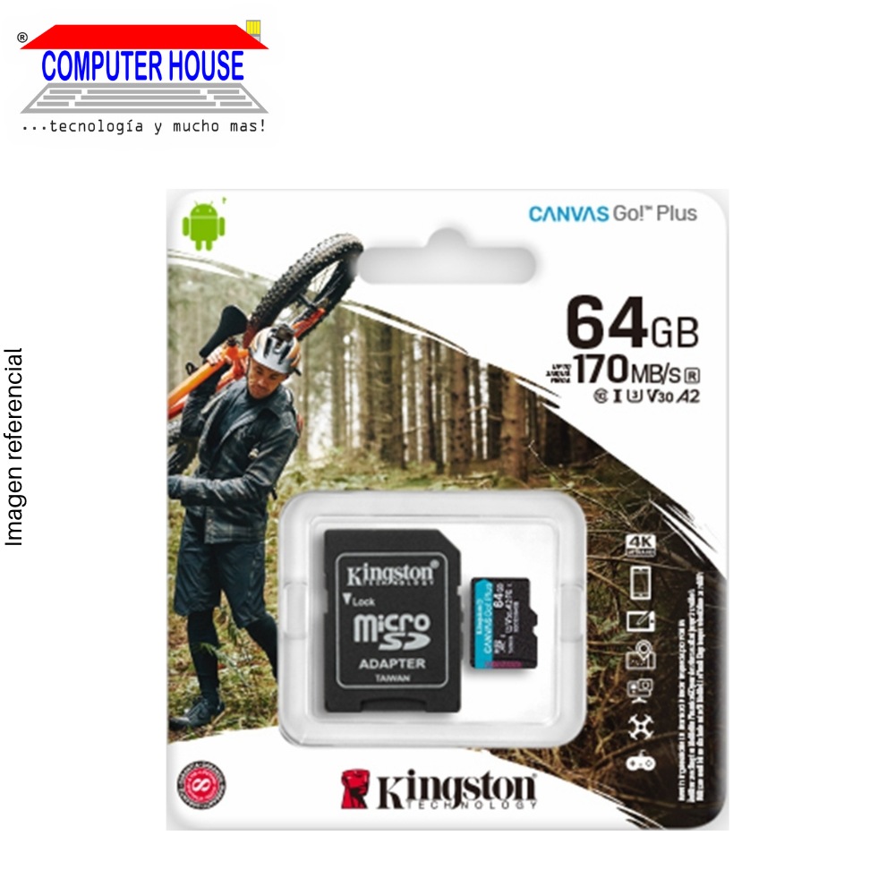 KINGSTON 64GB MicroSD memory, Canvas Go Plus, with SD adapter, 170Mb/s.