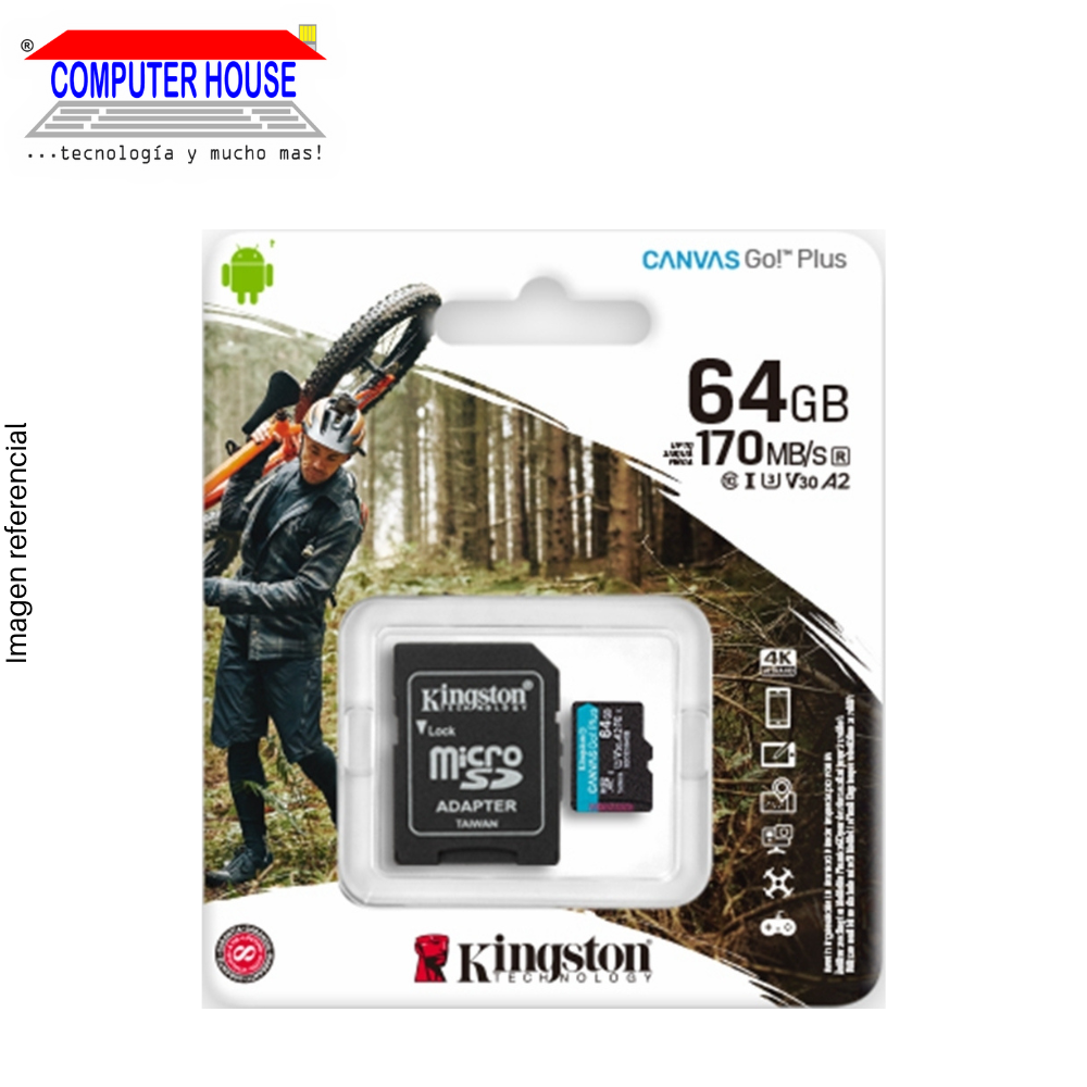 Memoria MicroSD KINGSTON 64GB, Canvas Go Plus, con adaptador SD, 170Mb/s.