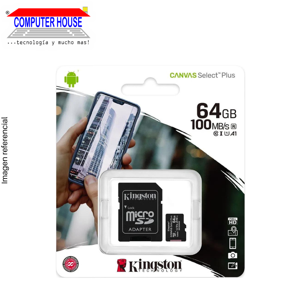 KINGSTON 64GB MicroSD memory, Canvas Select Plus, with SD adapter, 100Mb/s.