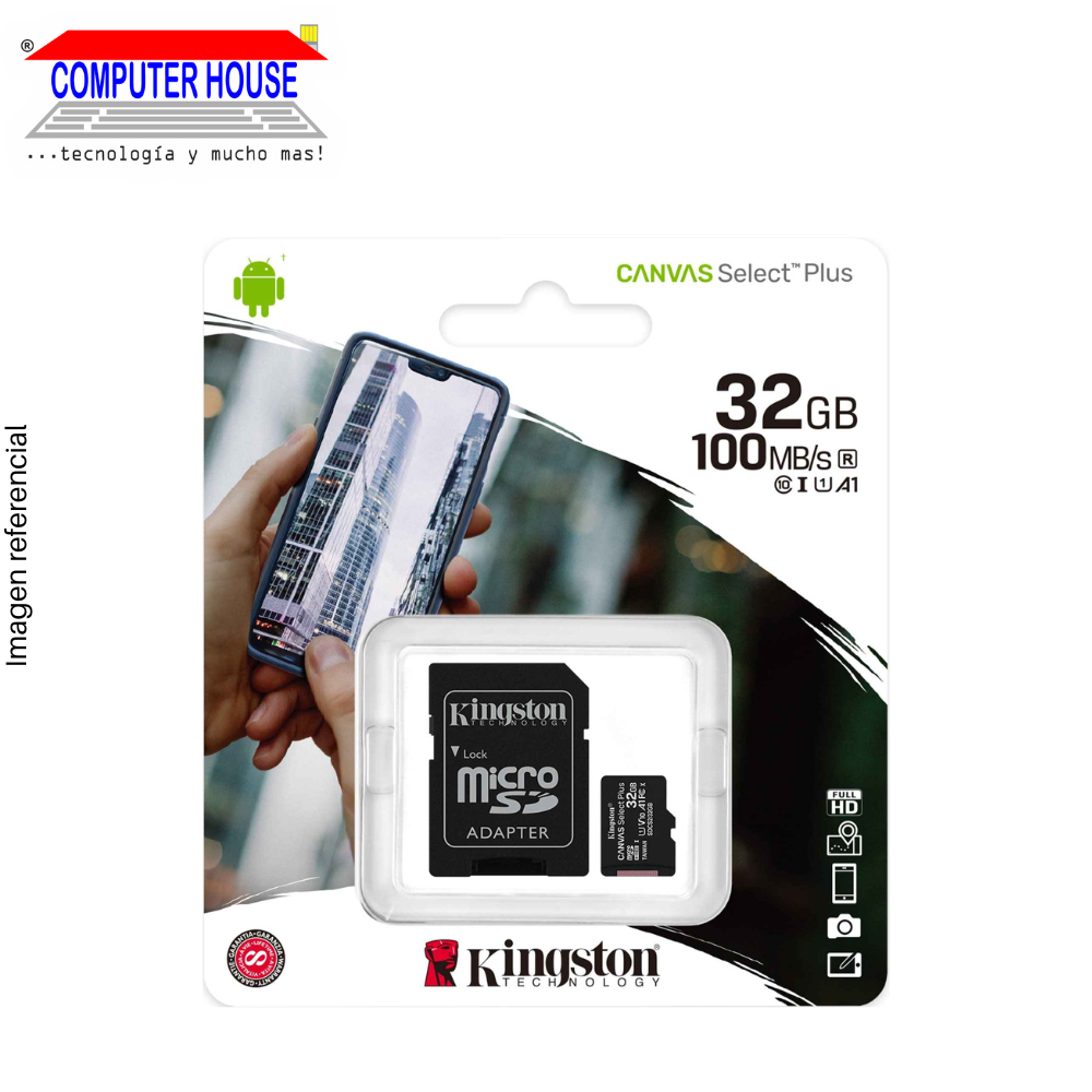 KINGSTON 32GB MicroSD memory, Canvas Select Plus, with SD adapter, 100Mb/s.