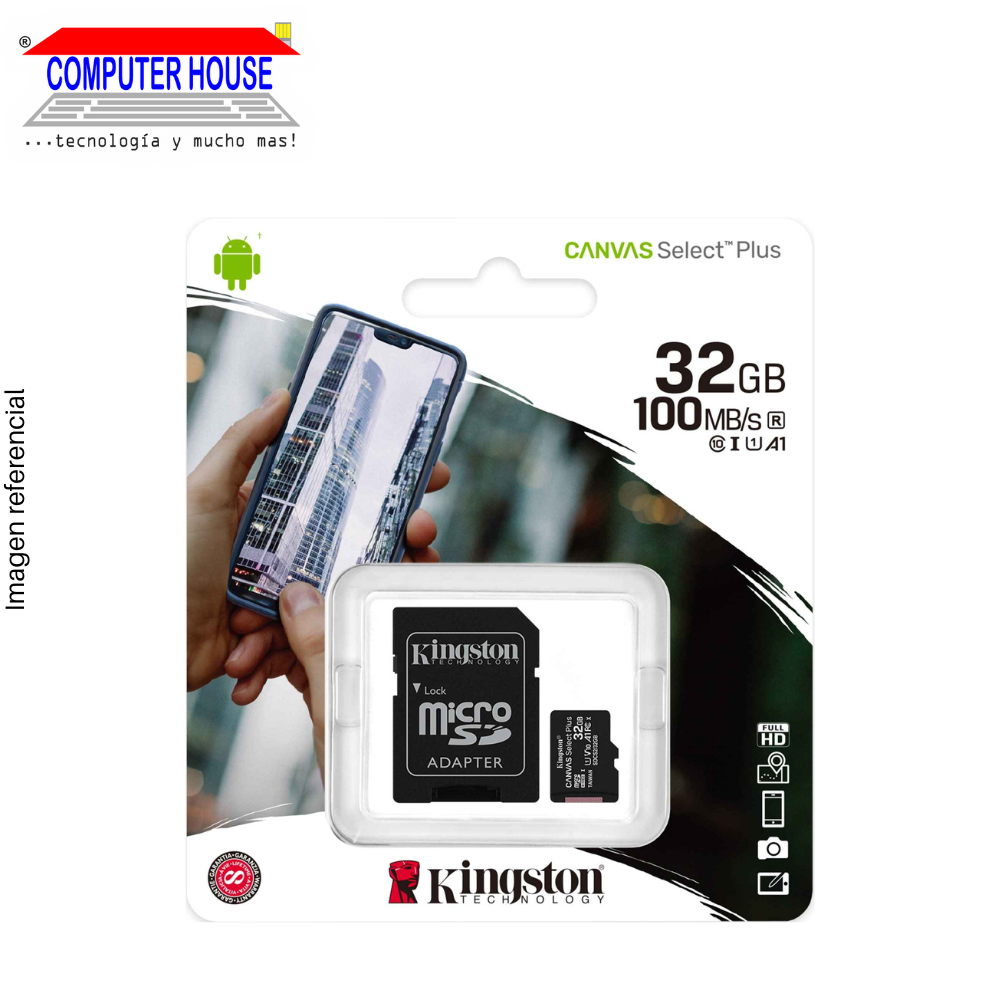 Memoria MicroSD KINGSTON 32GB, Canvas Select Plus, con adaptador SD, 100Mb/s.