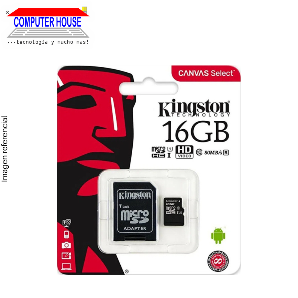 Memoria MicroSD KINGSTON 16GB, Canvas Select Plus, con adaptador SD, 100Mb/s.