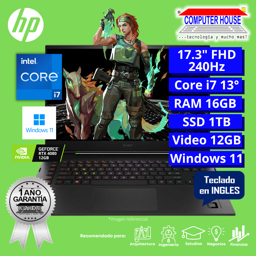 Laptop HP Omen 17, Core i7-13700HX, RAM 16GB DDR5, SSD 1TB, Video RTX4080 12GB, 17.3