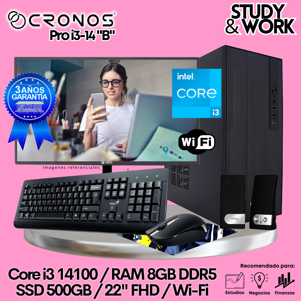 PC CRONOS Pro i3-14 "B", 8GB DDR5 RAM, 500GB SSD, 22″ FHD Monitor, Wi-Fi, Keyboard + Mouse Kit, Speakers or Headphones.