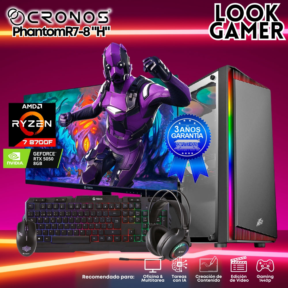 PC Look Gamer CRONOS Phantom R7-8 "H", RAM 16GB, SSD 1TB, Monitor 27″ FHD, Nvidia GeForce RTX5050 8GB.