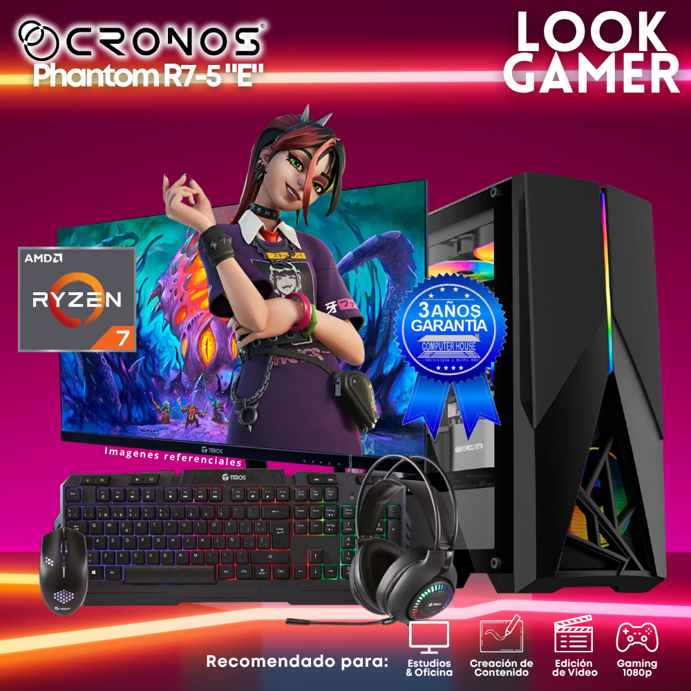PC Look Gamer CRONOS Phantom R7-5 "E", RAM 8GB, SSD 500GB, Monitor 24″ FHD.