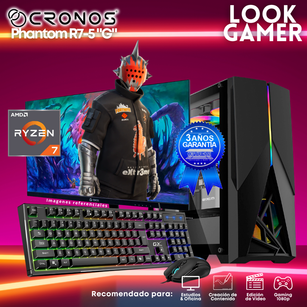 PC Look Gamer CRONOS Phantom R7-5 "G", RAM 16GB, SSD 1TB, Monitor 27″ FHD.
