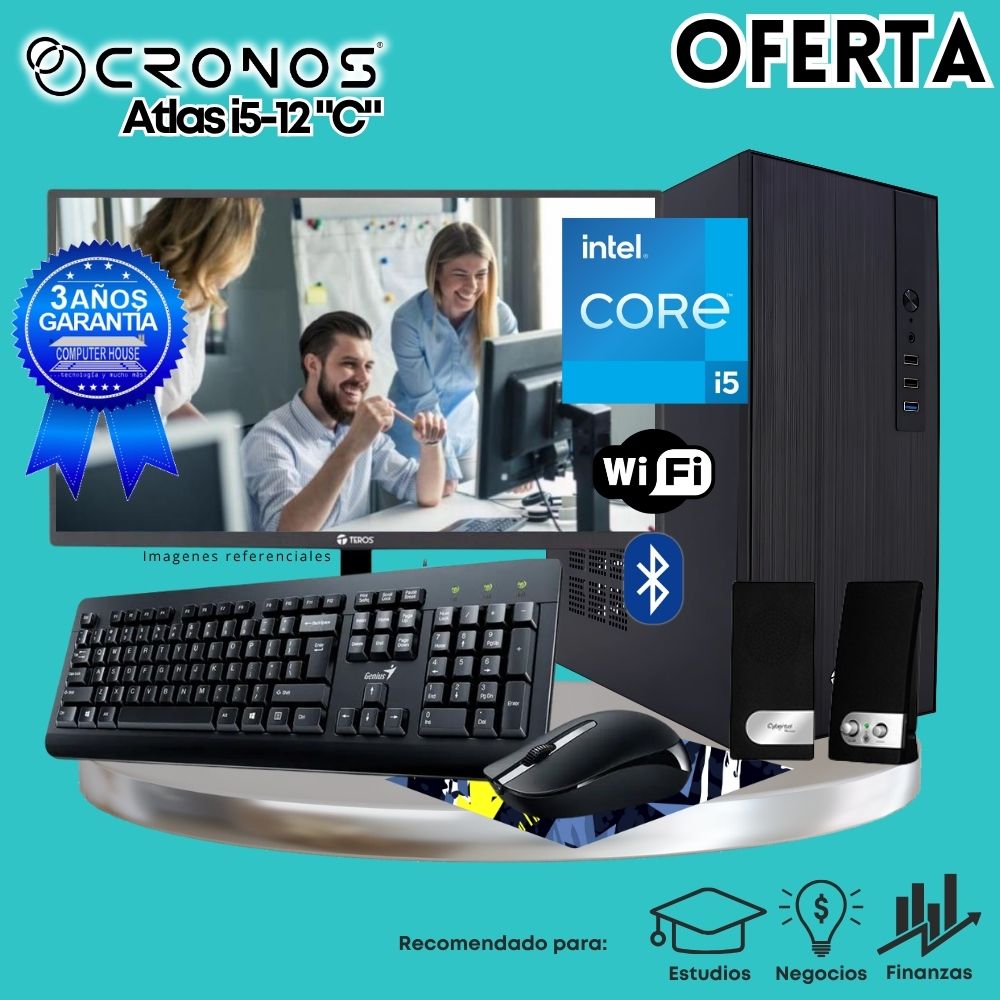 OFERTA: PC CRONOS Atlas i5-12 "C", RAM 16GB, SSD 500GB, Monitor 24″ FHD, Wi-Fi & Bluetooth, Kit Teclado + Mouse, Parlantes.