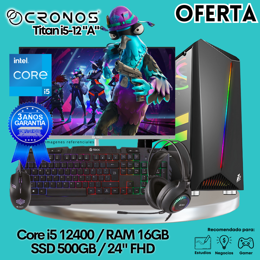 OFFER: PC Look Gamer CRONOS Titan i5-12400, 16GB RAM, 500GB SSD, 24″ FHD Monitor.