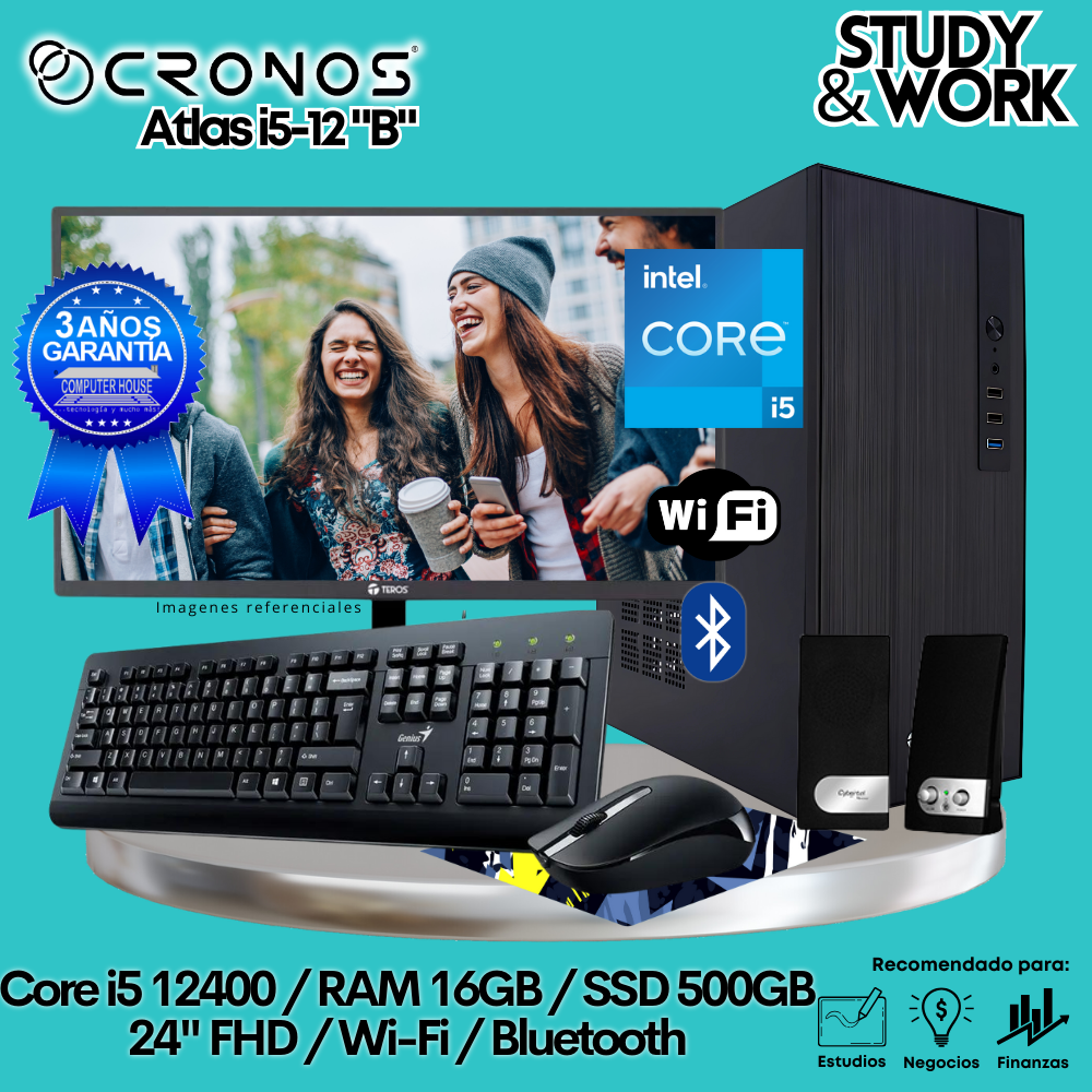 PC CRONOS Atlas i5-12 "B", 8GB RAM, 500GB SSD, 24″ FHD Monitor, Wi-Fi, Keyboard + Mouse Kit, Speakers or Headphones.