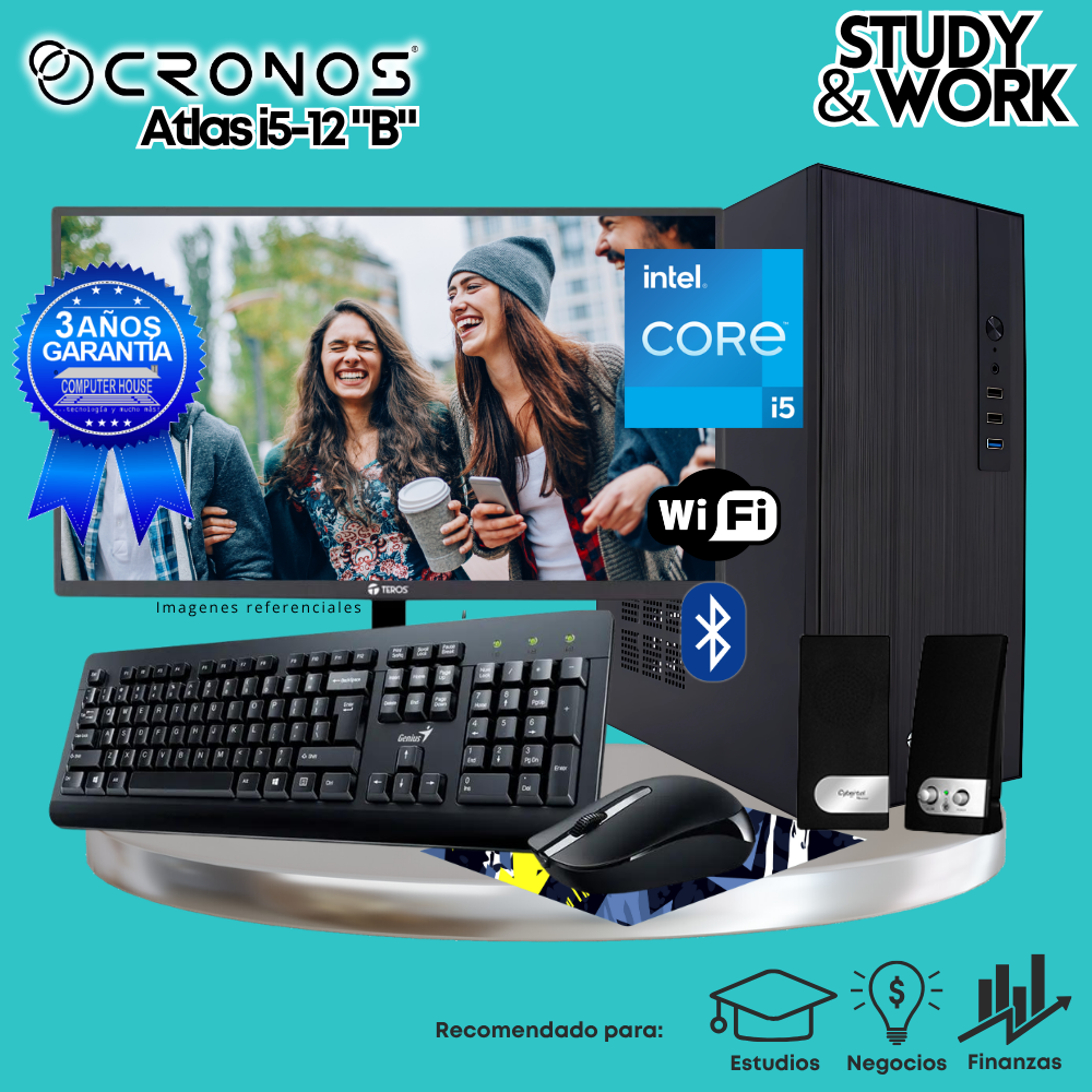 PC CRONOS Atlas i5-12 "B", RAM 16GB, SSD 500GB, Monitor 24″ FHD, Wi-Fi & Bluetooth, Kit Teclado + Mouse, Parlantes o Audífono.
