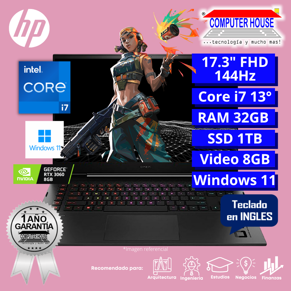 Laptop HP Omen 17, Core i7-13700HX, RAM 32GB DDR5, SSD 1TB, Video RTX4070 8GB, 17.3