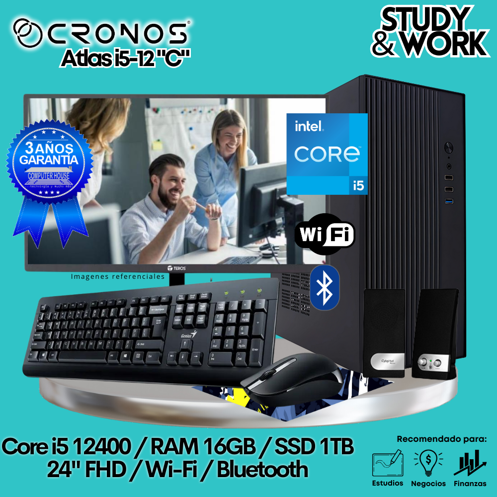 PC CRONOS Atlas i5-12 "C", 16GB RAM, 500GB SSD, 24″ FHD Monitor, Wi-Fi, Keyboard + Mouse Kit, Speakers or Headphones.