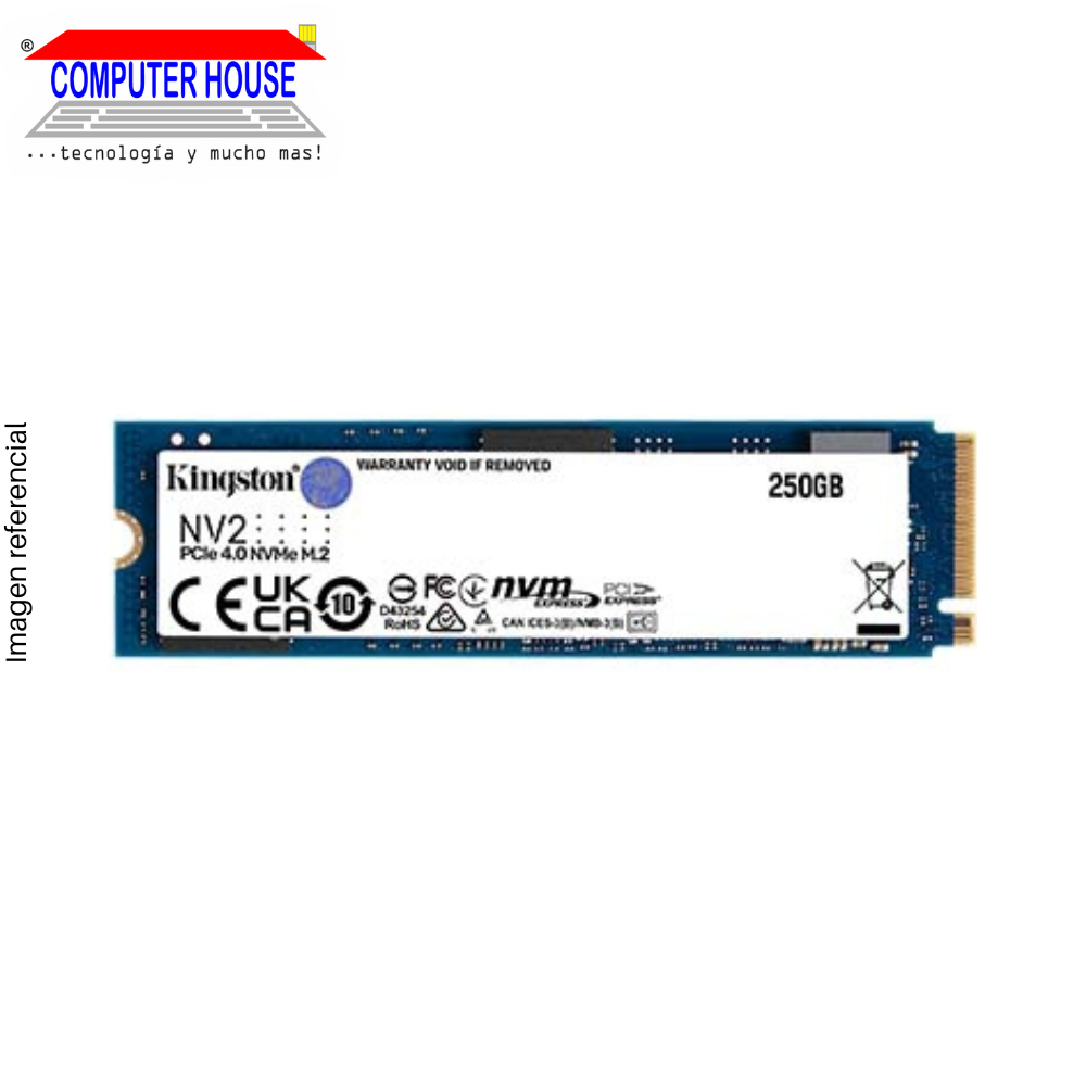 Disco Sólido SSD M.2 NVMe PCIe KINGSTON 250GB, NV2 (Lectura máxima 3000Mb/s, Escritura máxima 1300Mb/s).