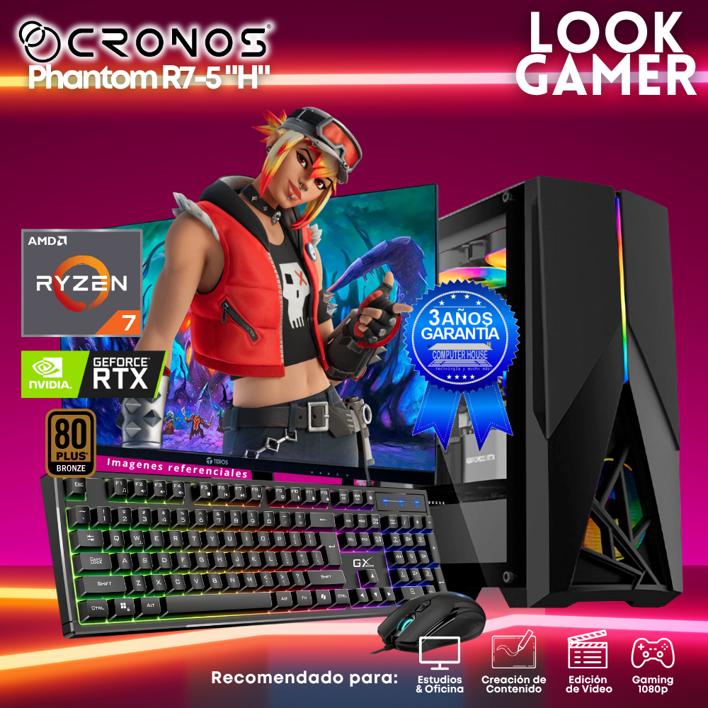 PC Look Gamer CRONOS Phantom R7-5 "H", RAM 16GB, SSD 500GB, Nvidia GeForce RTX3050 6GB, Monitor 27″ FHD.