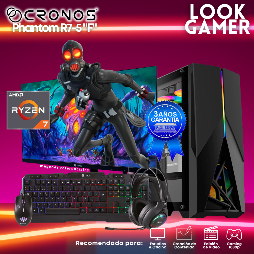 PC Look Gamer CRONOS Phantom R7-5 "F", RAM 16GB, SSD 500GB, Monitor 24″ FHD.
